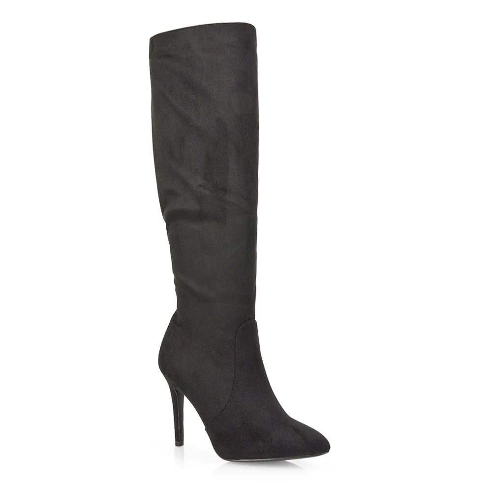 Savvy Pointed Toe Long Knee High Stiletto Heeled Boots in Navy Faux Suede - Image 157