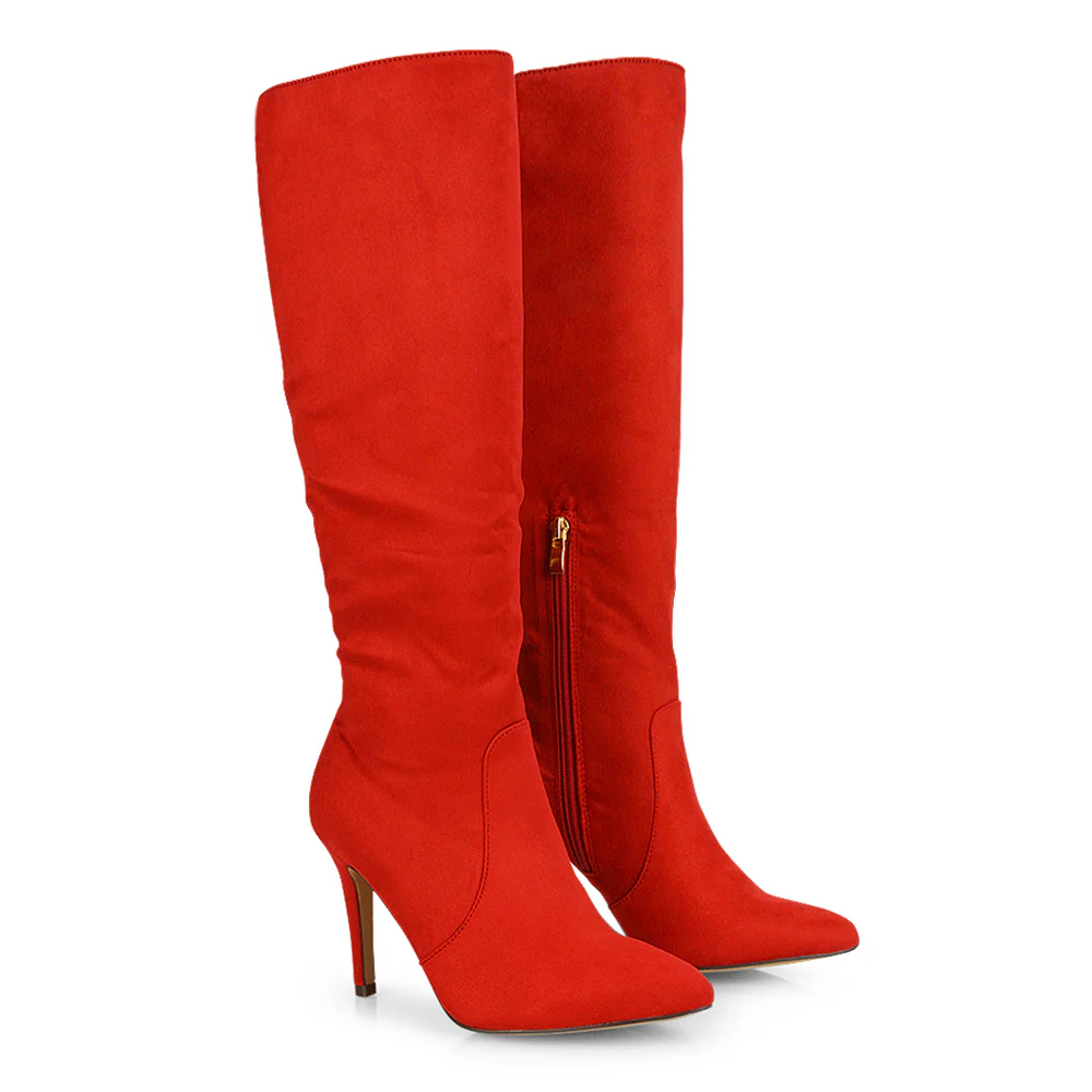 Savvy Pointed Toe Long Knee High Stiletto Heeled Boots in Navy Faux Suede - Image 27