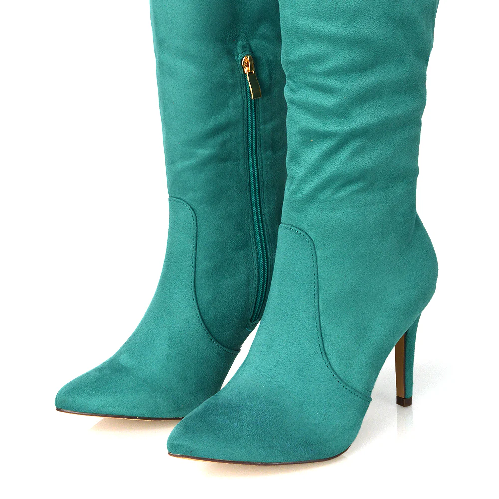 Savvy Pointed Toe Long Knee High Stiletto Heeled Boots in Navy Faux Suede - Image 97