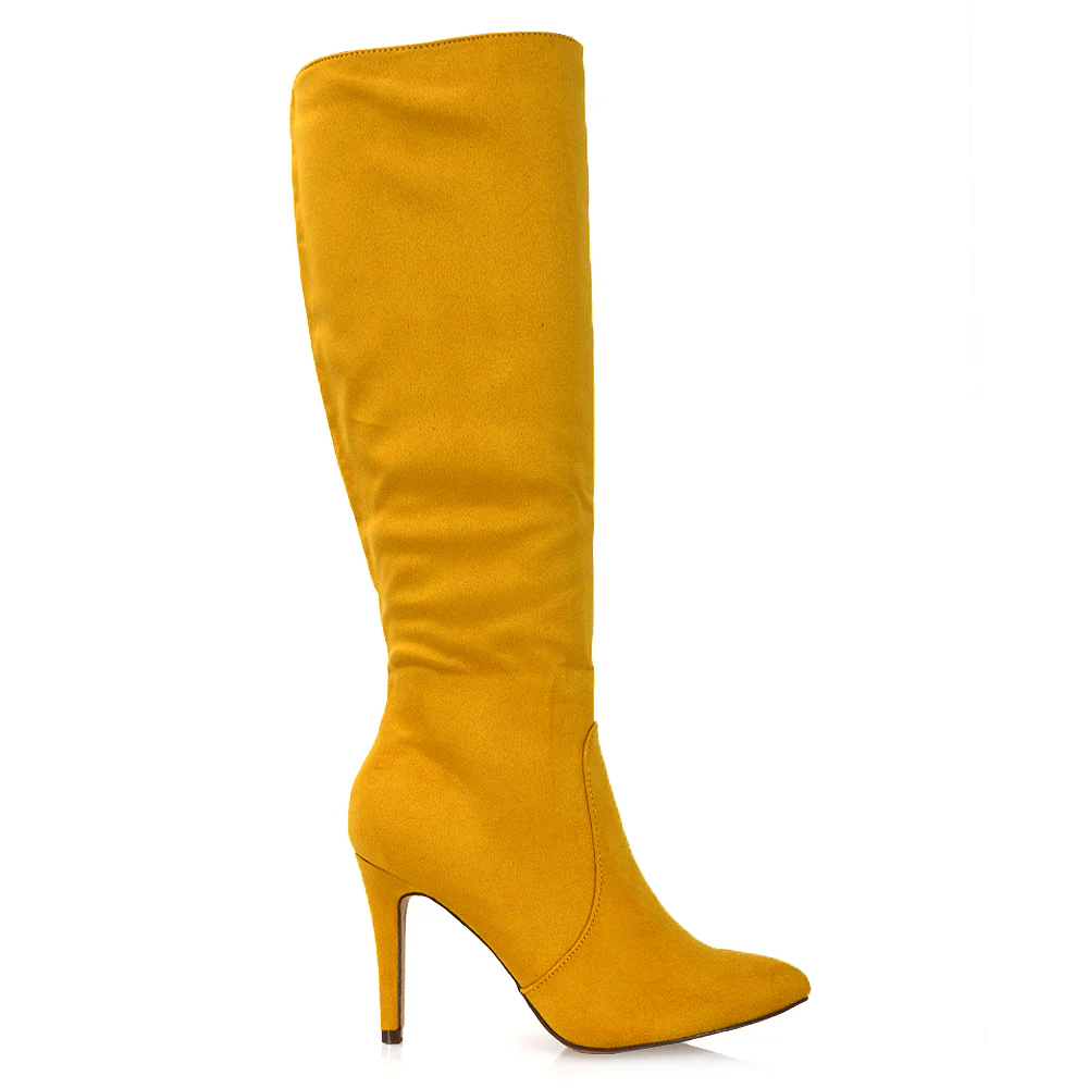 Savvy Pointed Toe Long Knee High Stiletto Heeled Boots in Red Faux Suede - Image 105