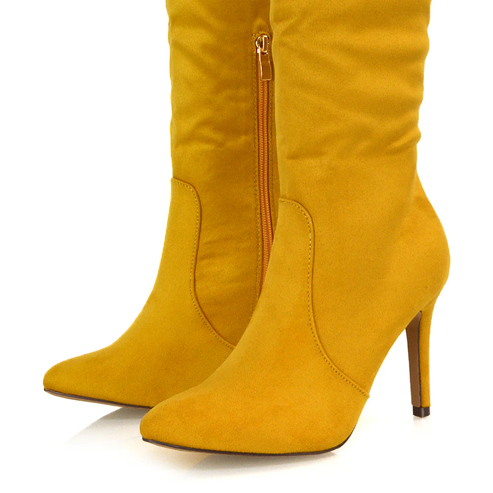 Savvy Pointed Toe Long Knee High Stiletto Heeled Boots in Red Faux Suede - Image 129