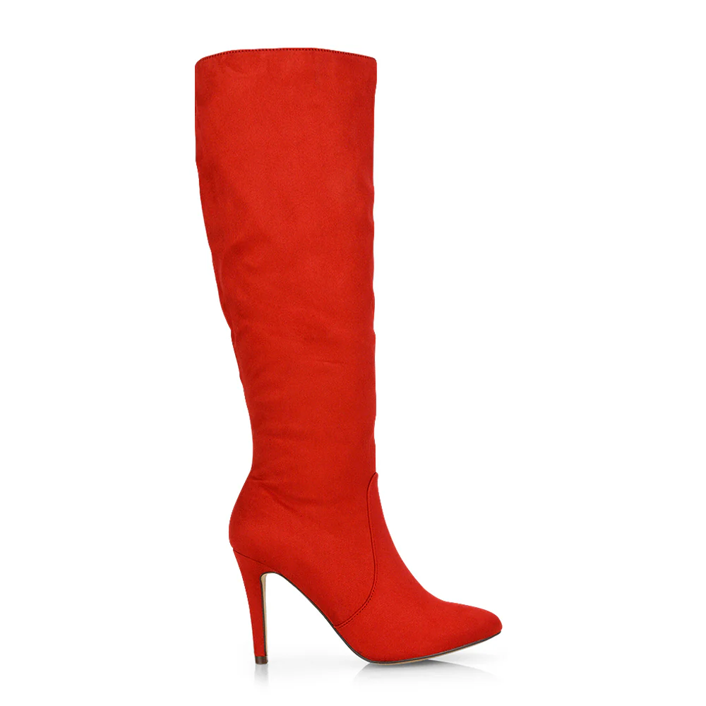 Savvy Pointed Toe Long Knee High Stiletto Heeled Boots in Red Faux Suede - Image 16