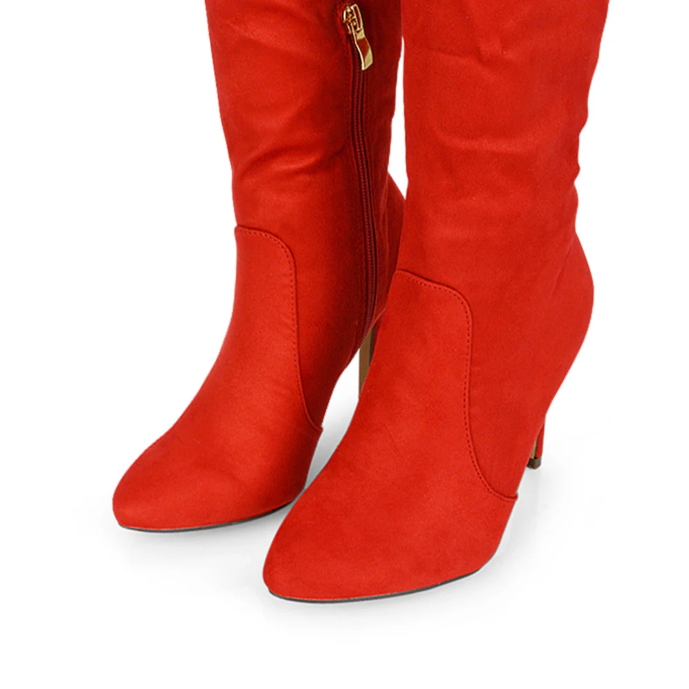 Savvy Pointed Toe Long Knee High Stiletto Heeled Boots in Red Faux Suede - Image 42