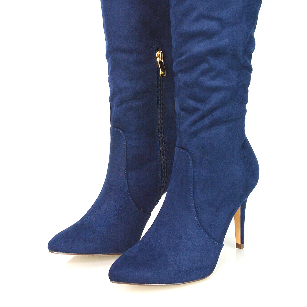 Savvy Pointed Toe Long Knee High Stiletto Heeled Boots in Red Faux Suede - Image 44