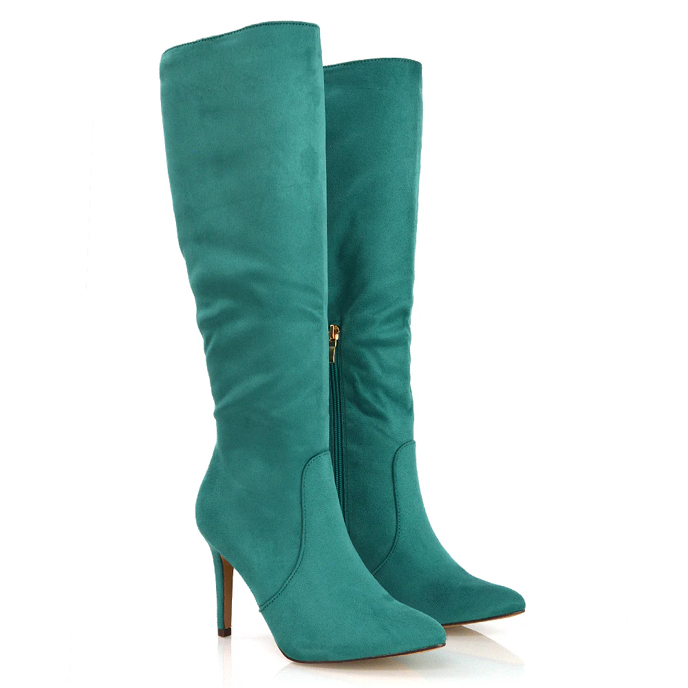 Savvy Pointed Toe Long Knee High Stiletto Heeled Boots in Red Faux Suede - Image 82