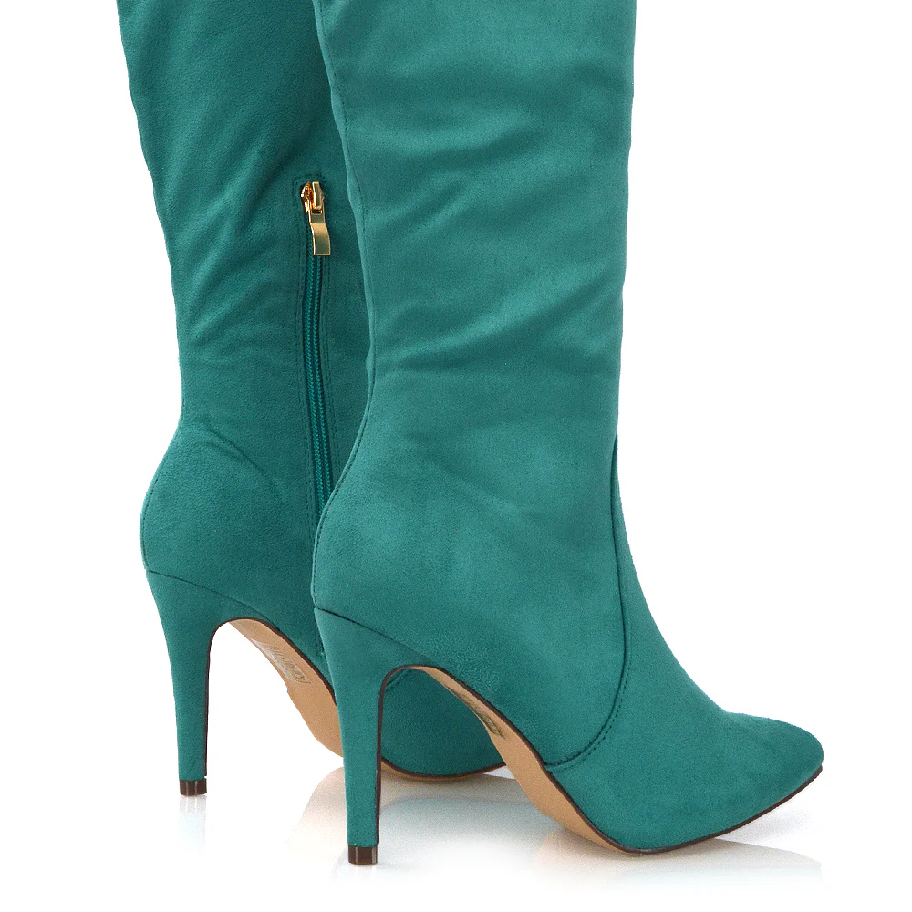 Savvy Pointed Toe Long Knee High Stiletto Heeled Boots in Red Faux Suede - Image 93