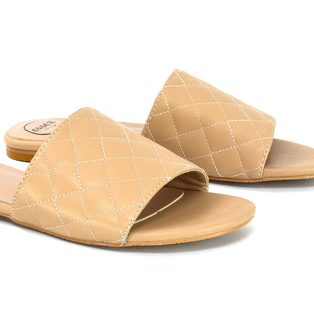 Saylor Quilted Detail Strappy Holiday Sandal Flat Sliders in Black Synthetic Leather - Image 111