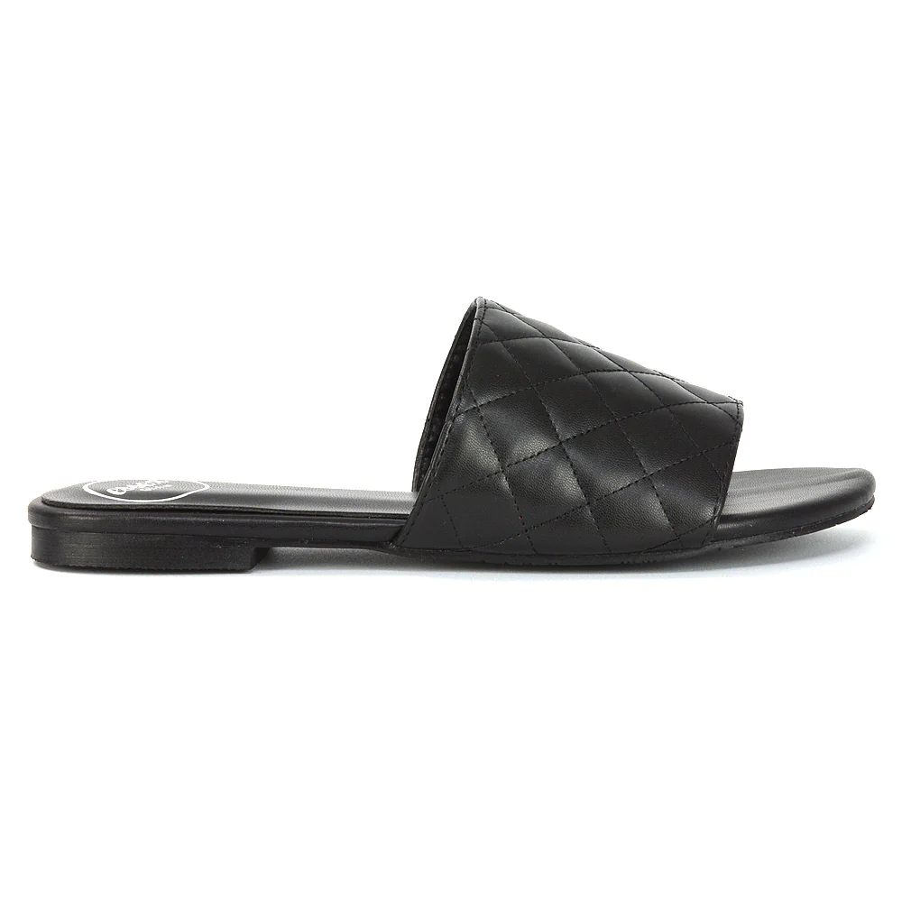 Saylor Quilted Detail Strappy Holiday Sandal Flat Sliders in Black Synthetic Leather - Image 18
