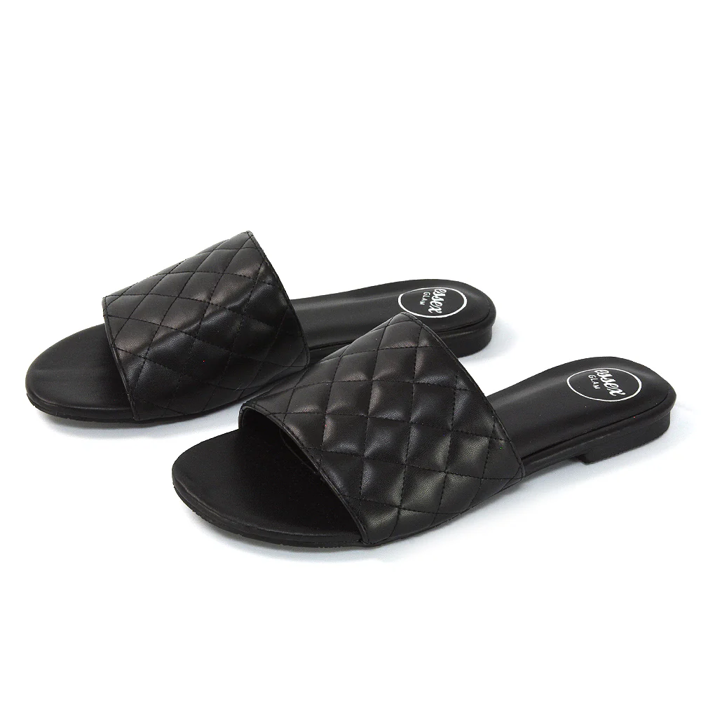 Saylor Quilted Detail Strappy Holiday Sandal Flat Sliders in Black Synthetic Leather - Image 24