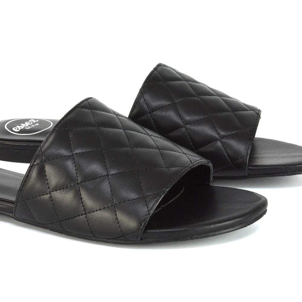 Saylor Quilted Detail Strappy Holiday Sandal Flat Sliders in Black Synthetic Leather - Image 6