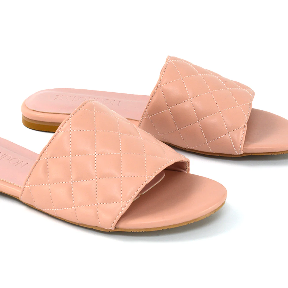 Saylor Quilted Detail Strappy Holiday Sandal Flat Sliders in Black Synthetic Leather - Image 77