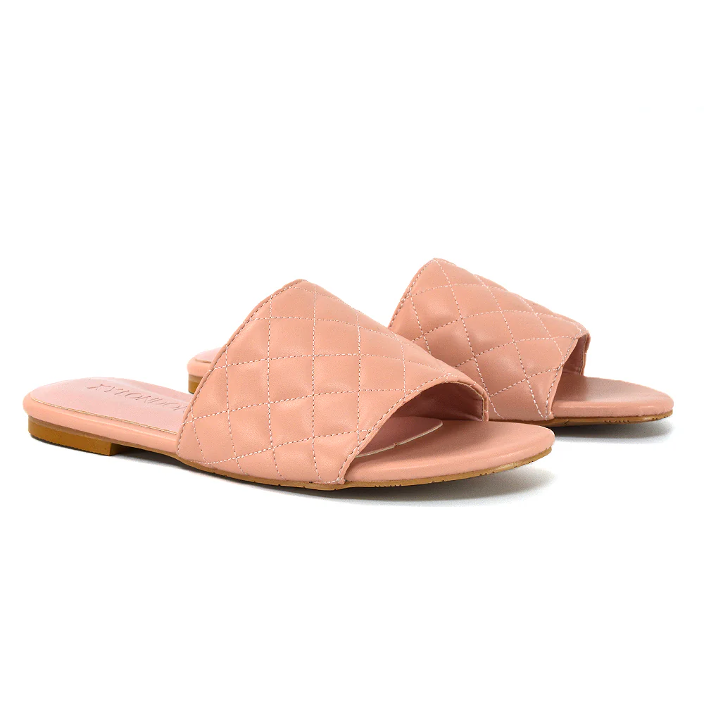 Saylor Quilted Detail Strappy Holiday Sandal Flat Sliders in Black Synthetic Leather - Image 81