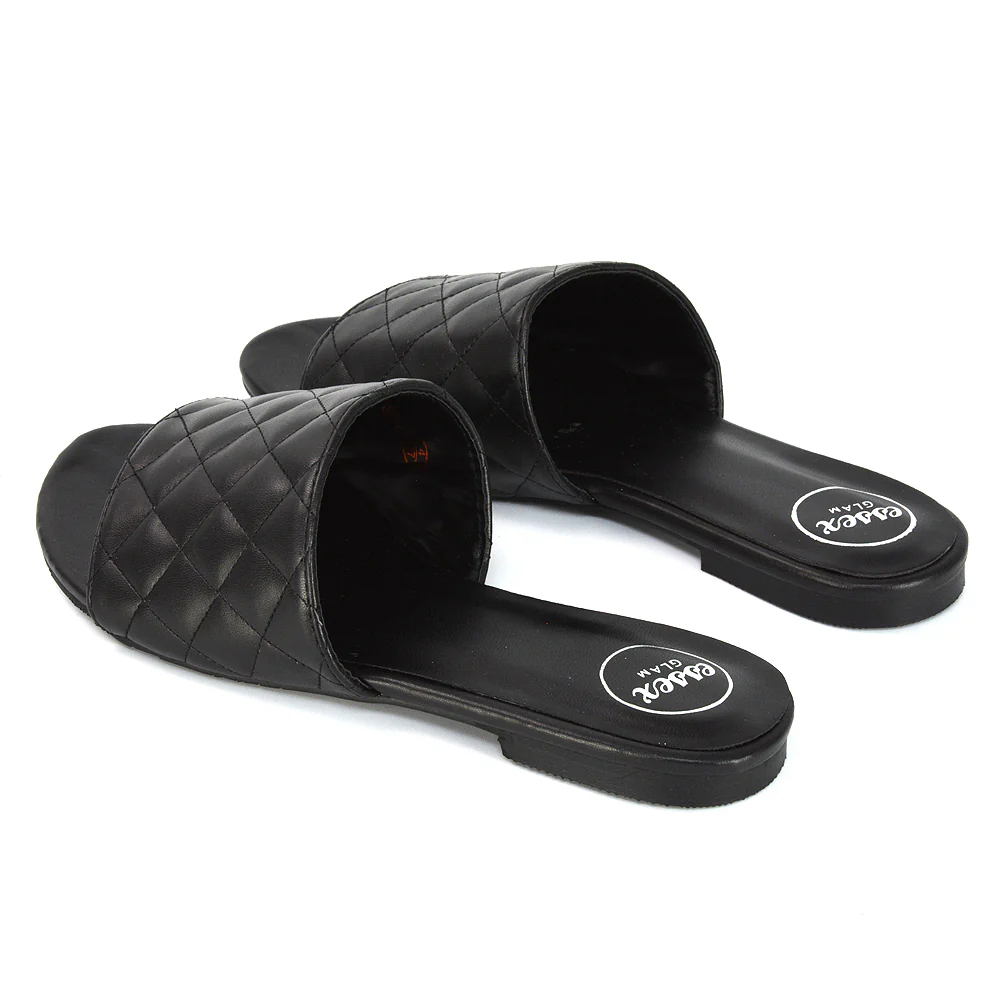 Saylor Quilted Detail Strappy Holiday Sandal Flat Sliders in Black Synthetic Leather - Image 9