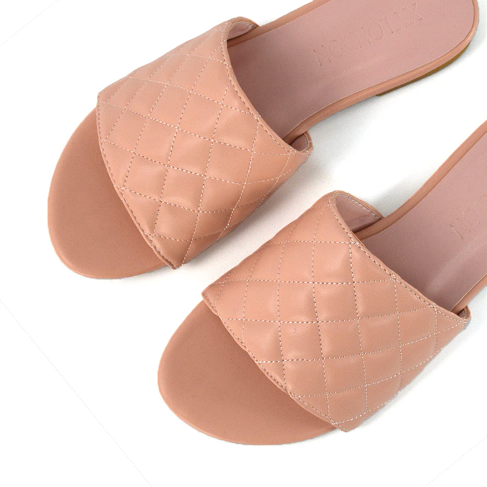 Saylor Quilted Detail Strappy Holiday Sandal Flat Sliders in Black Synthetic Leather - Image 90