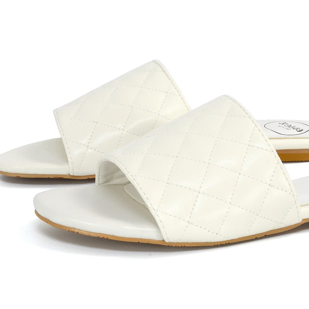Saylor Quilted Detail Strappy Holiday Sandal Flat Sliders in Nude Synthetic Leather - Image 45
