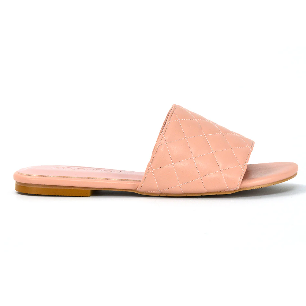 Saylor Quilted Detail Strappy Holiday Sandal Flat Sliders in Nude Synthetic Leather - Image 83