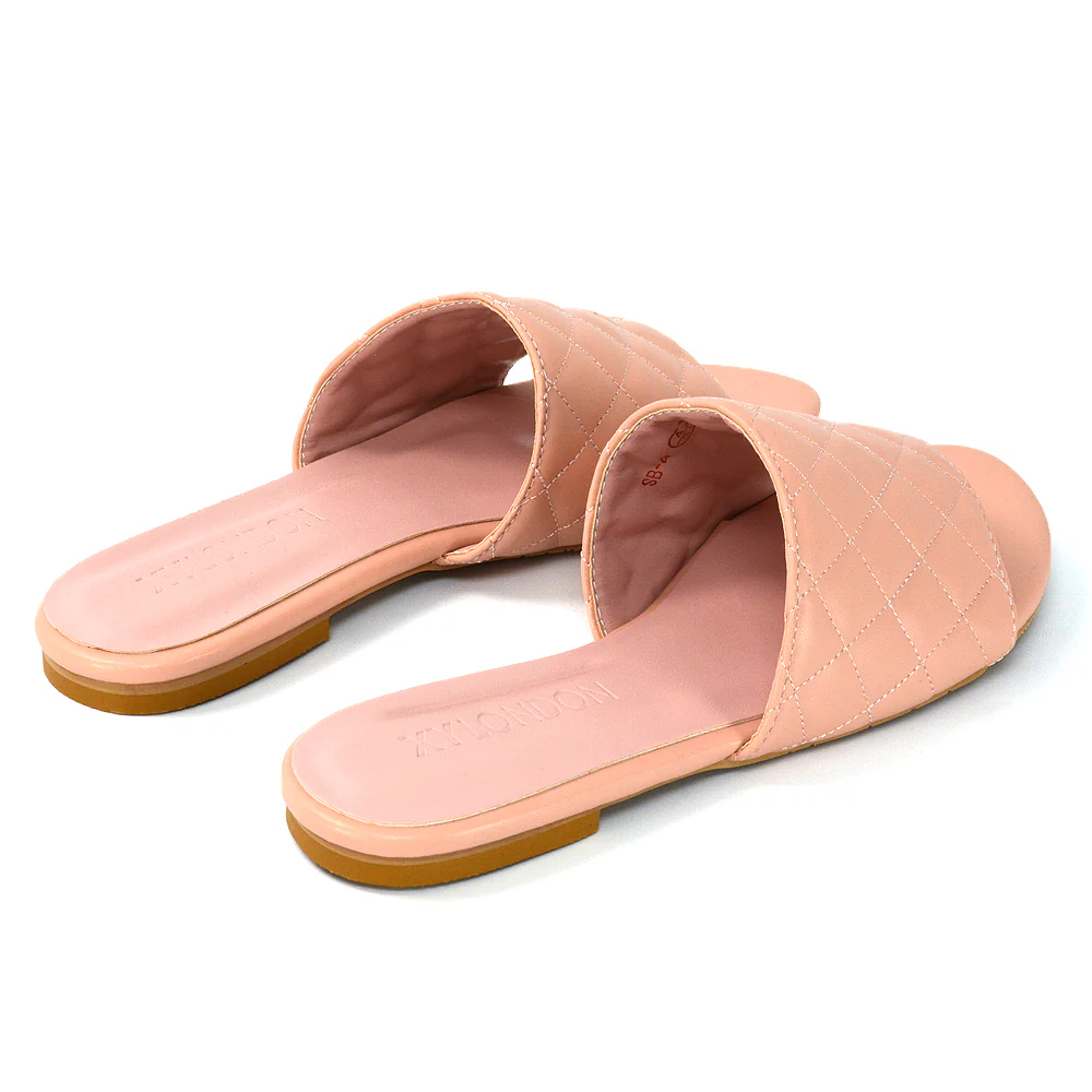 Saylor Quilted Detail Strappy Holiday Sandal Flat Sliders in Nude Synthetic Leather - Image 89