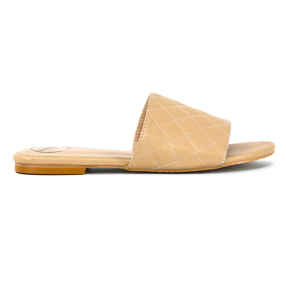 Saylor Quilted Detail Strappy Holiday Sandal Flat Sliders in White Synthetic Leather - Image 110