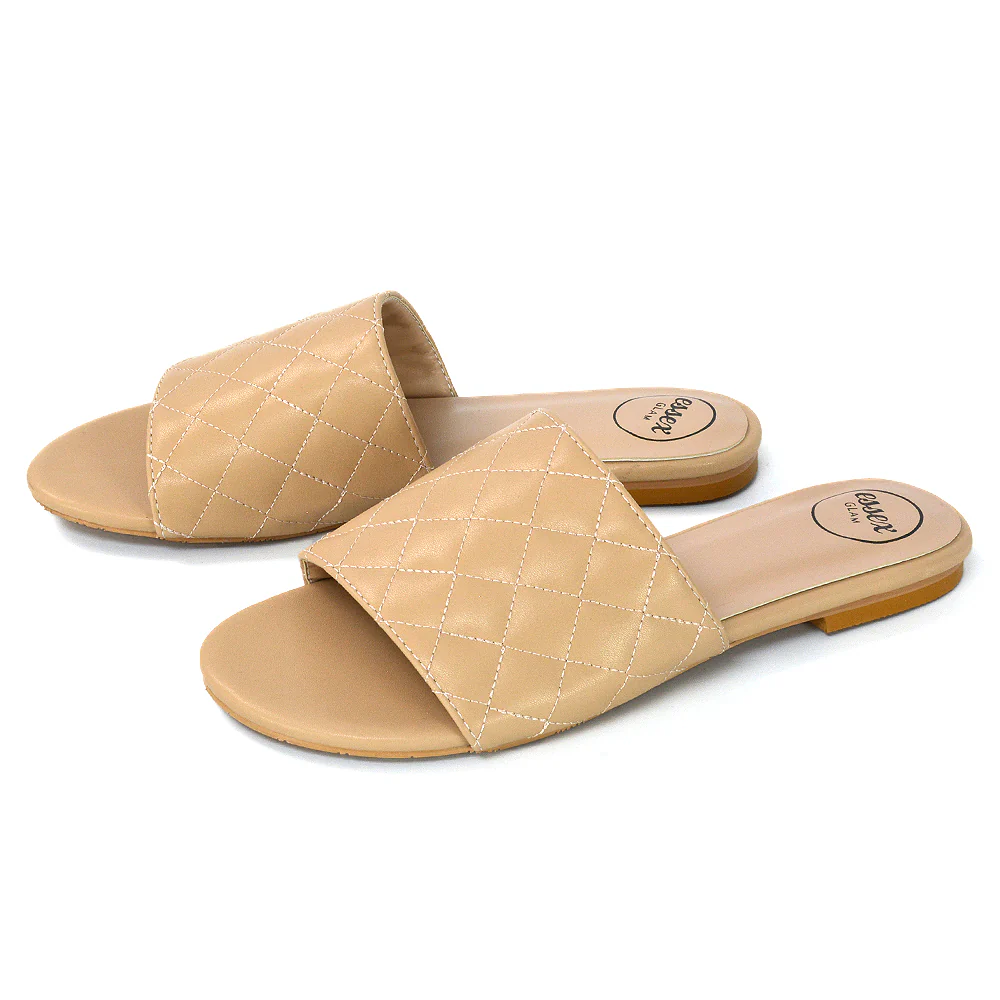 Saylor Quilted Detail Strappy Holiday Sandal Flat Sliders in White Synthetic Leather - Image 112