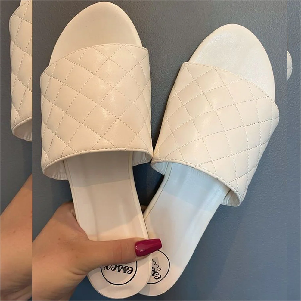 Saylor Quilted Detail Strappy Holiday Sandal Flat Sliders in White Synthetic Leather - Image 7