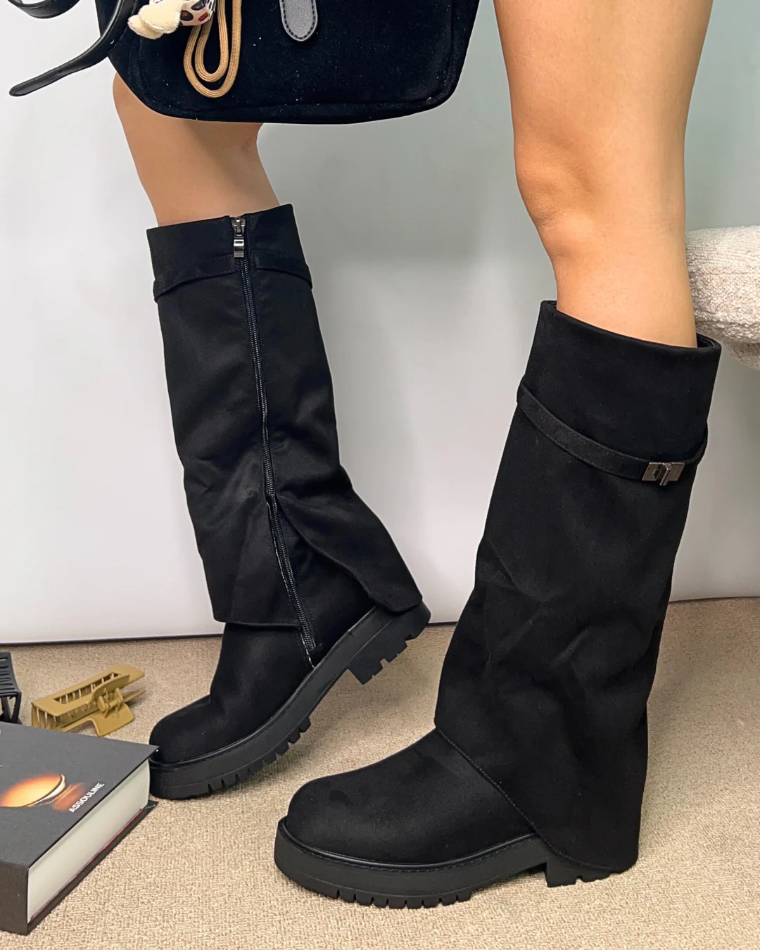 Scarlett Chunky Biker Fold Over Knee High Boots in Black Faux Suede - Image 2