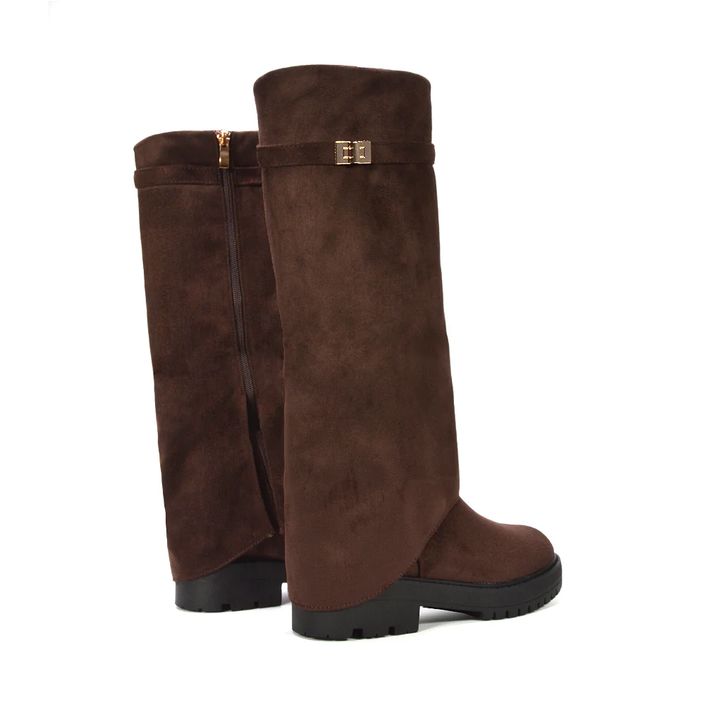 Scarlett Chunky Biker Fold Over Knee High Boots in Black Synthetic Leather - Image 12