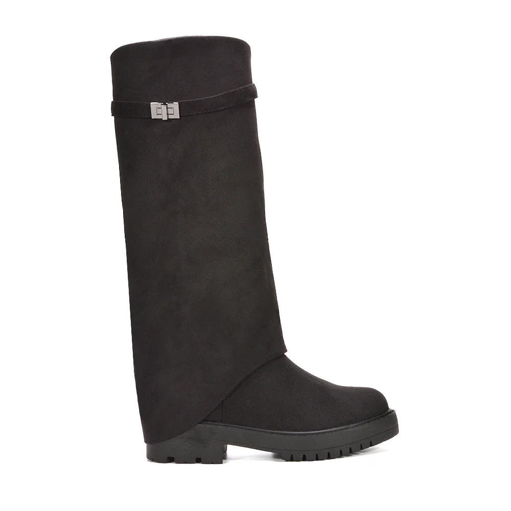 Scarlett Chunky Biker Fold Over Knee High Boots in Black Synthetic Leather - Image 14