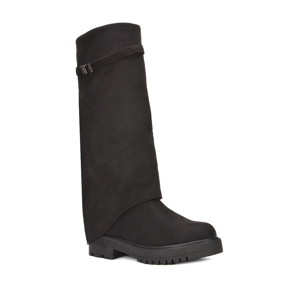 Scarlett Chunky Biker Fold Over Knee High Boots in Black Synthetic Leather - Image 15