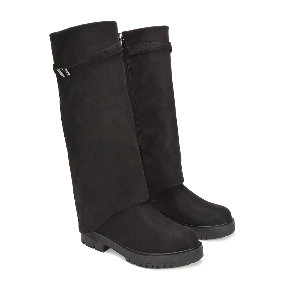 Scarlett Chunky Biker Fold Over Knee High Boots in Black Synthetic Leather - Image 16