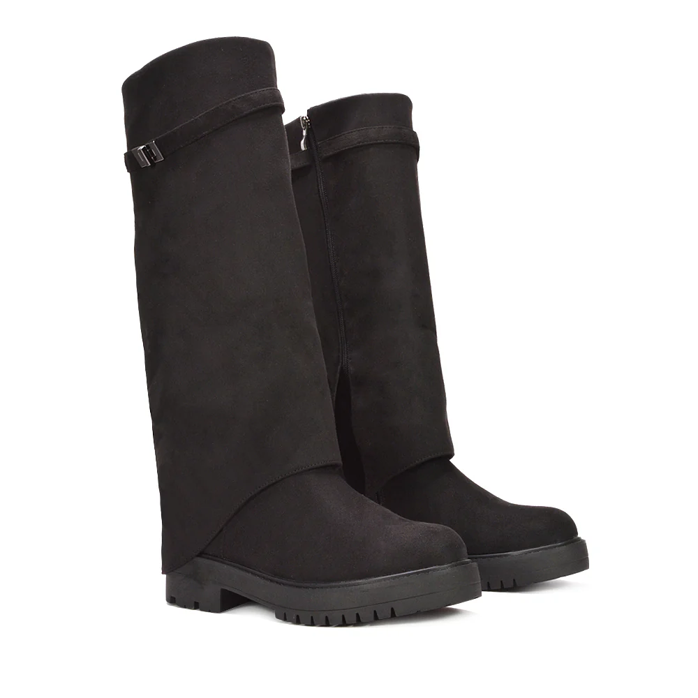 Scarlett Chunky Biker Fold Over Knee High Boots in Black Synthetic Leather - Image 17