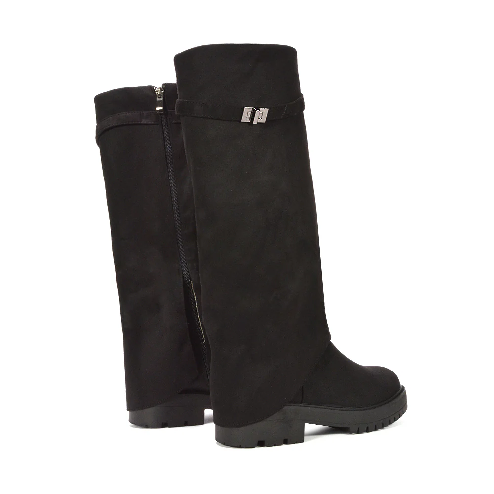 Scarlett Chunky Biker Fold Over Knee High Boots in Black Synthetic Leather - Image 18