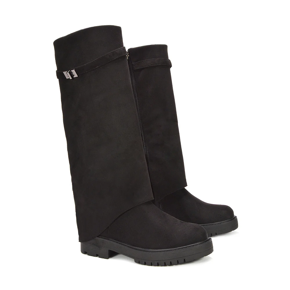 Scarlett Chunky Biker Fold Over Knee High Boots in Black Synthetic Leather - Image 19