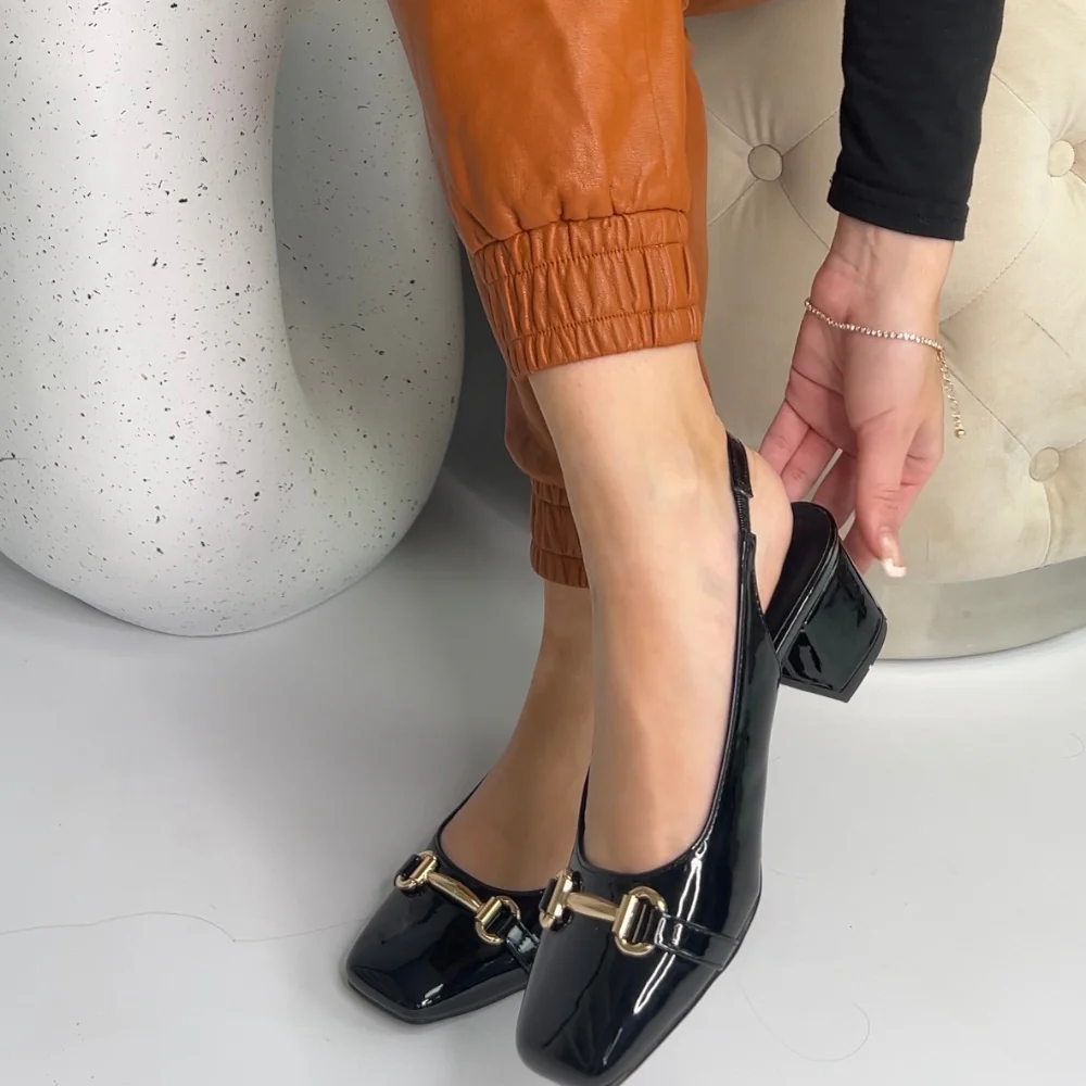 Selena Square Toe Slingback Mid Block Heel Ballet Court Shoes in Black Patent - Image 2