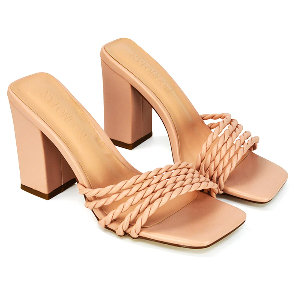 Selene Twist Detail Strappy Square Toe Block Heel Mules in Black Synthetic Leather - Image 101