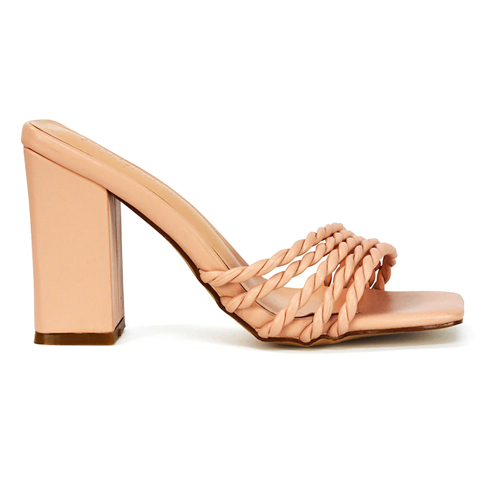Selene Twist Detail Strappy Square Toe Block Heel Mules in Black Synthetic Leather - Image 106