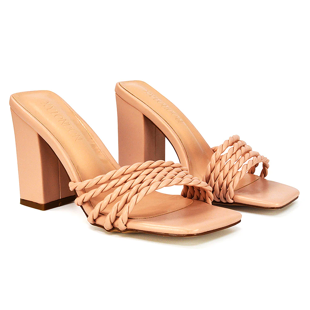 Selene Twist Detail Strappy Square Toe Block Heel Mules in Black Synthetic Leather - Image 109