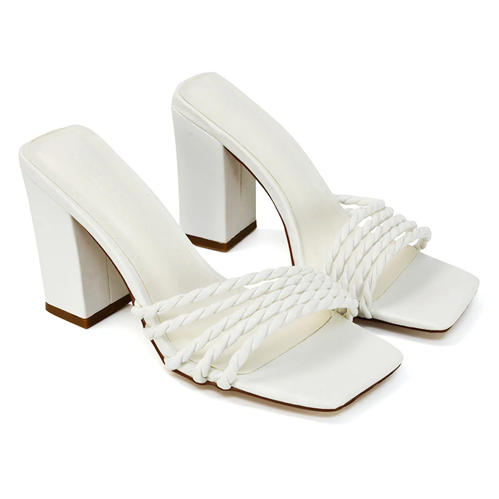 Selene Twist Detail Strappy Square Toe Block Heel Mules in Black Synthetic Leather - Image 65