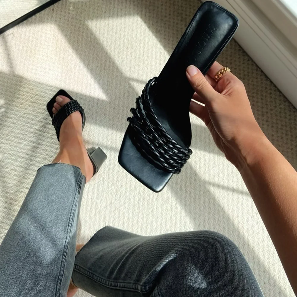 Selene Twist Detail Strappy Square Toe Block Heel Mules in Black Synthetic Leather - Image 7