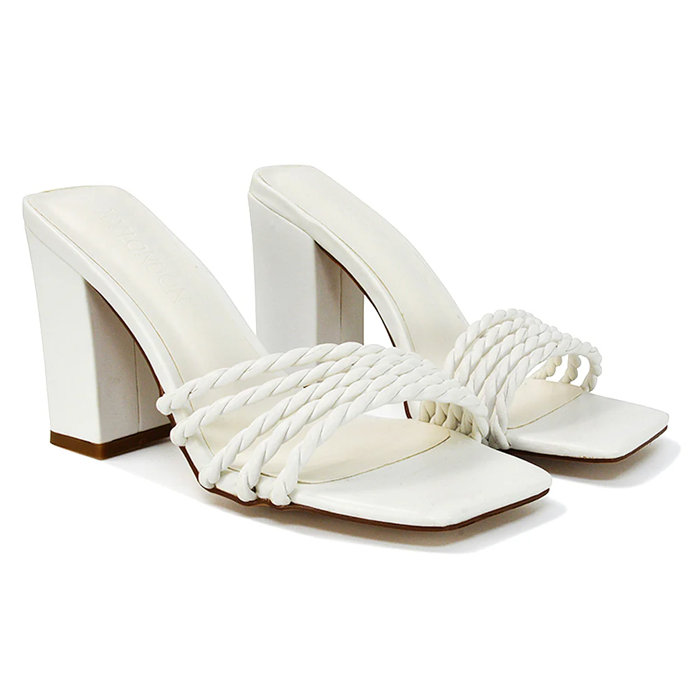 Selene Twist Detail Strappy Square Toe Block Heel Mules in Black Synthetic Leather - Image 73