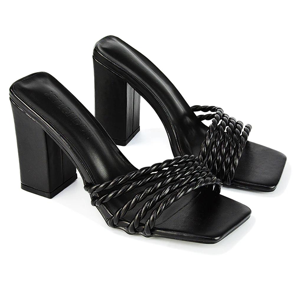 Selene Twist Detail Strappy Square Toe Block Heel Mules in Black Synthetic Leather - Image 8