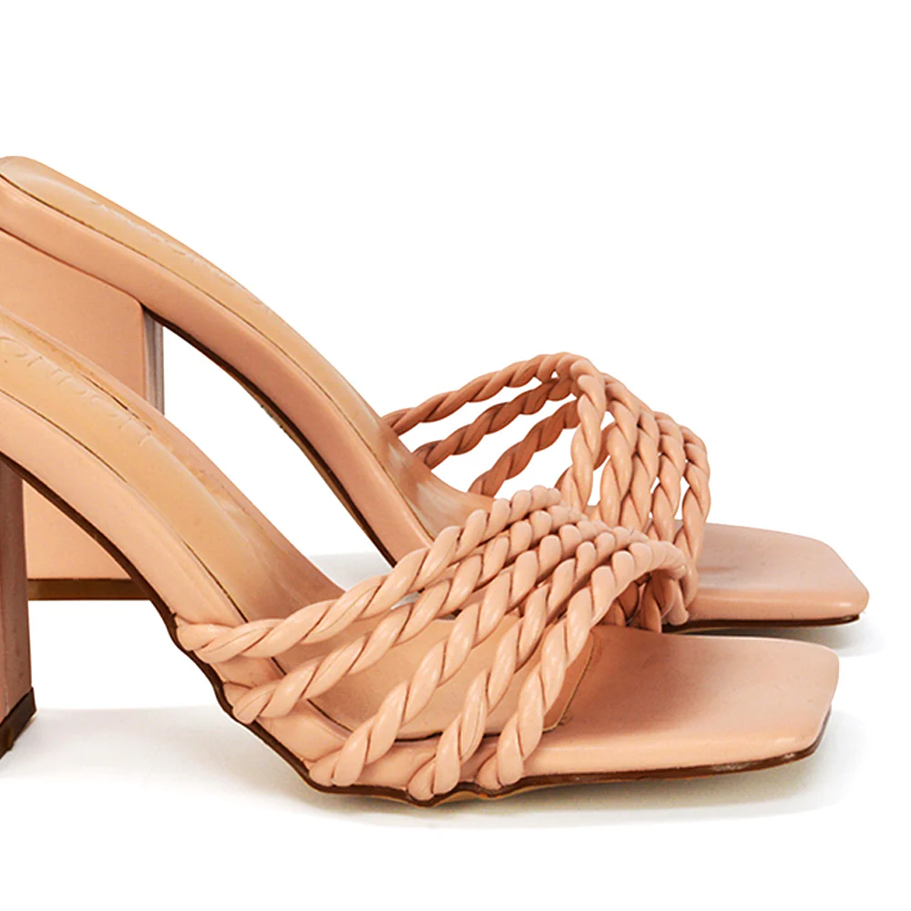Selene Twist Detail Strappy Square Toe Block Heel Mules in Black Synthetic Leather - Image 98
