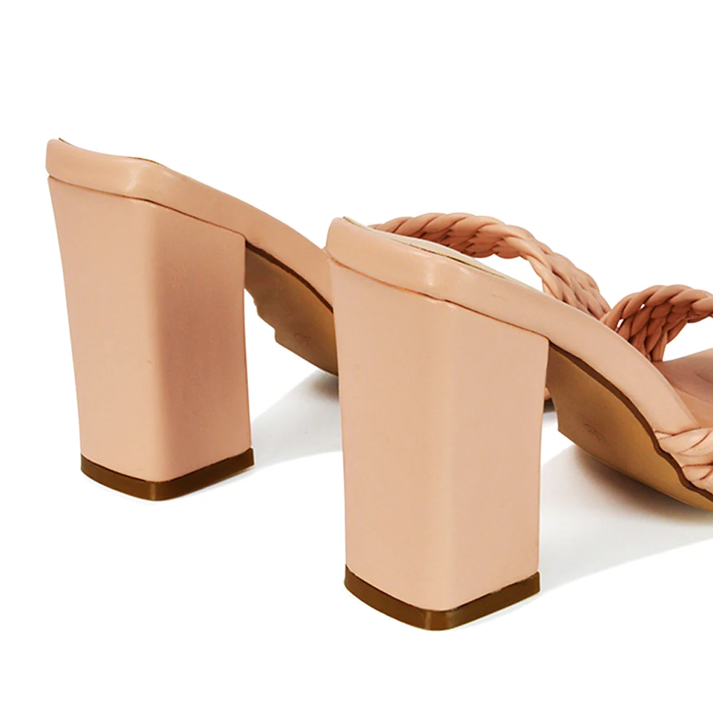 Selene Twist Detail Strappy Square Toe Block Heel Mules in Nude Synthetic Leather - Image 2