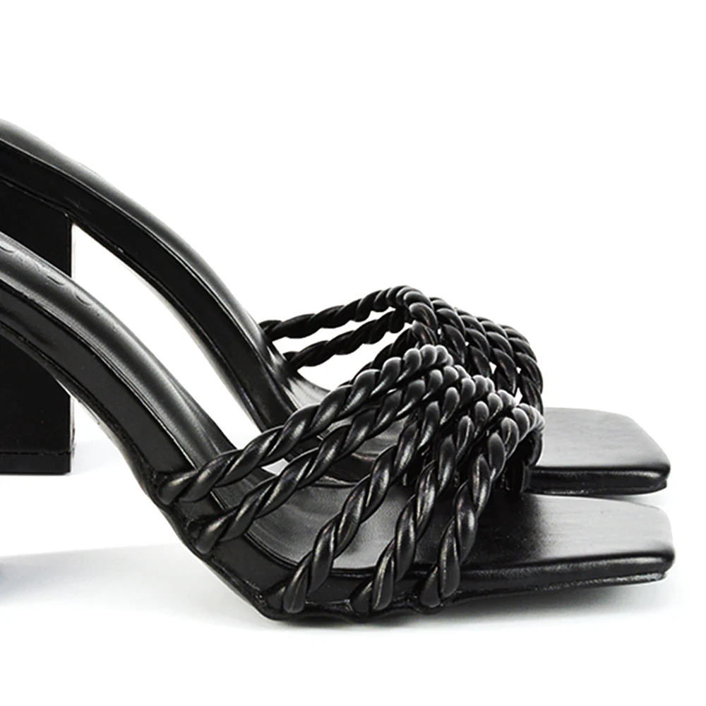 Selene Twist Detail Strappy Square Toe Block Heel Mules in Nude Synthetic Leather - Image 34