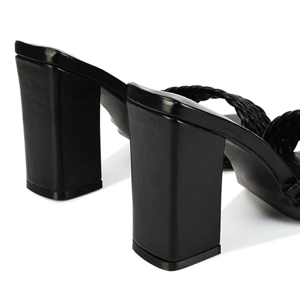 Selene Twist Detail Strappy Square Toe Block Heel Mules in Nude Synthetic Leather - Image 38