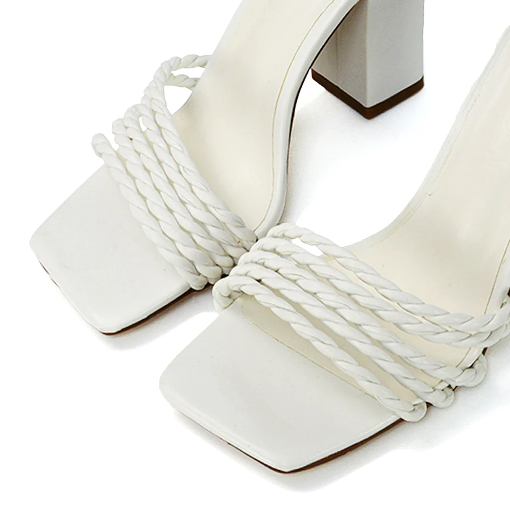 Selene Twist Detail Strappy Square Toe Block Heel Mules in Nude Synthetic Leather - Image 71