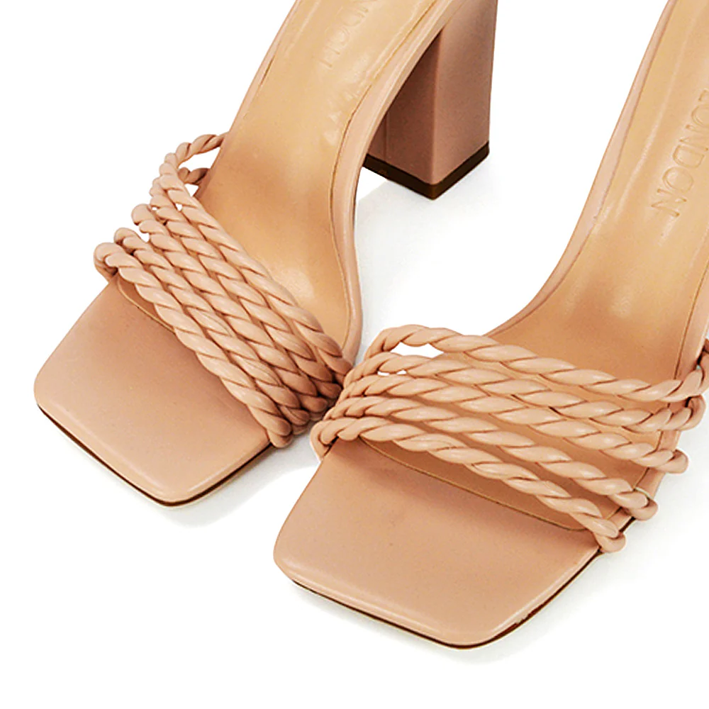 Selene Twist Detail Strappy Square Toe Block Heel Mules in Nude Synthetic Leather - Image 89