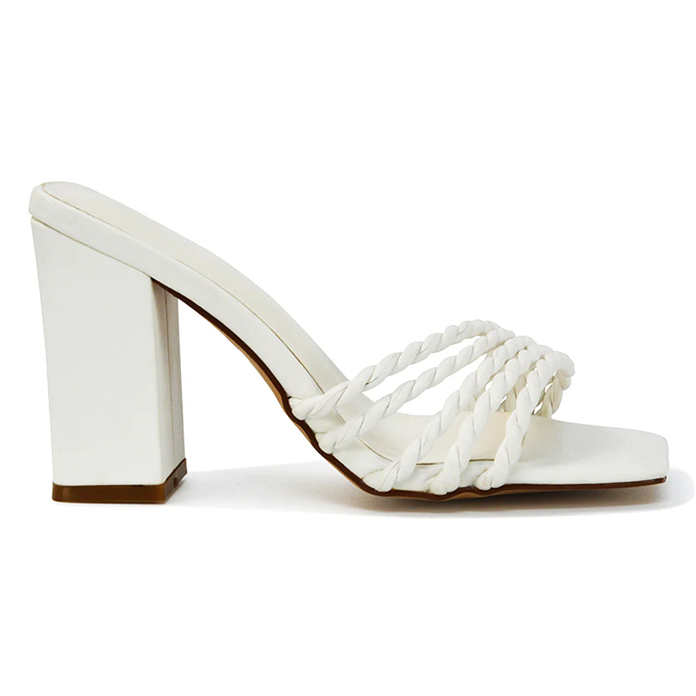Selene Twist Detail Strappy Square Toe Block Heel Mules in White Synthetic Leather - Image 65