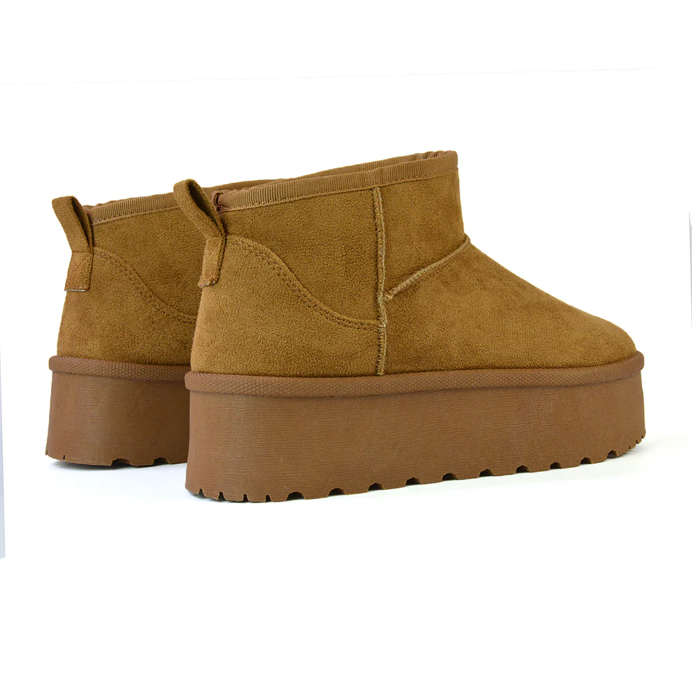 Selina Mini Micro Flatform Micro Faux Fur Ankle Boots in Stone - Image 111