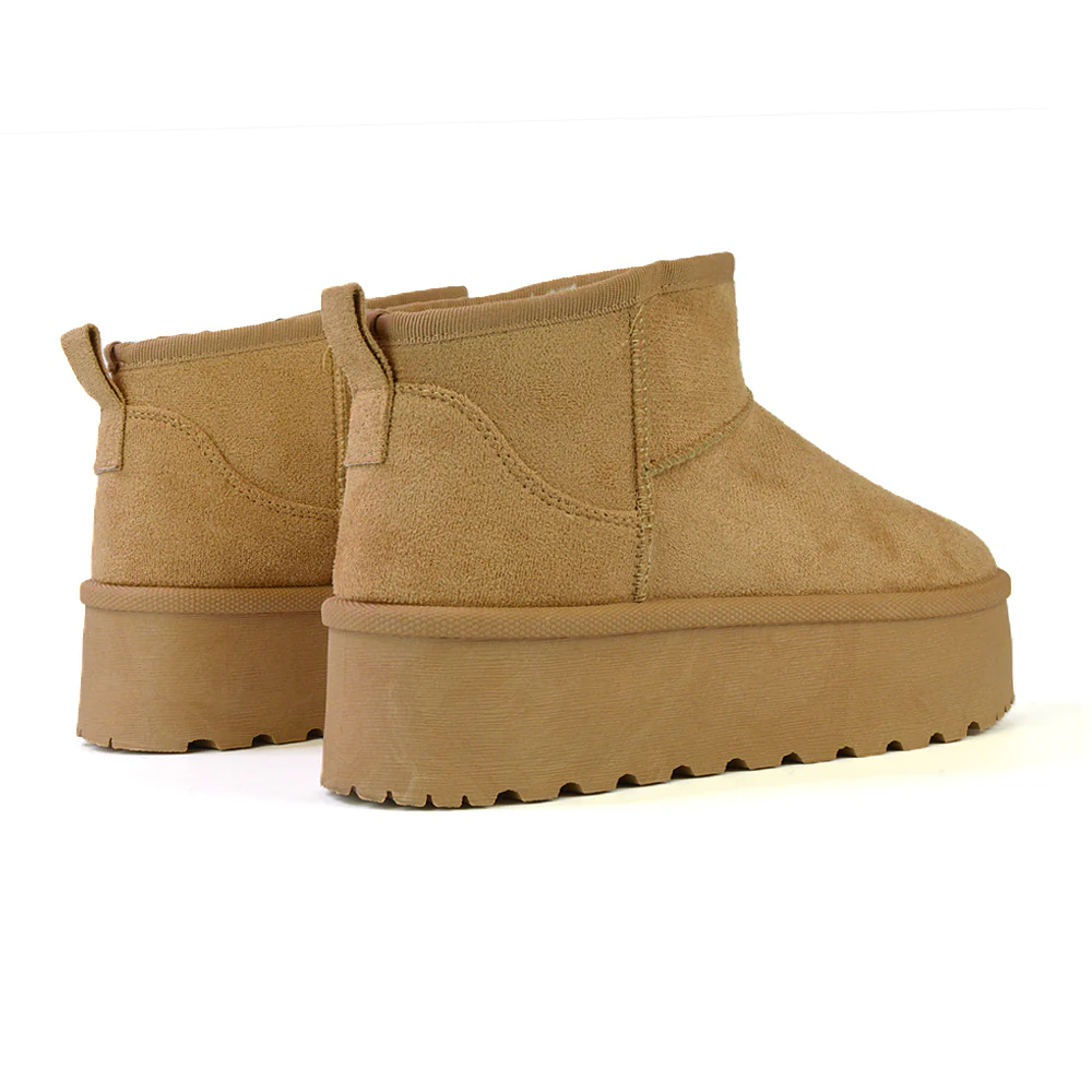 Selina Mini Micro Flatform Micro Faux Fur Ankle Boots in Stone - Image 21