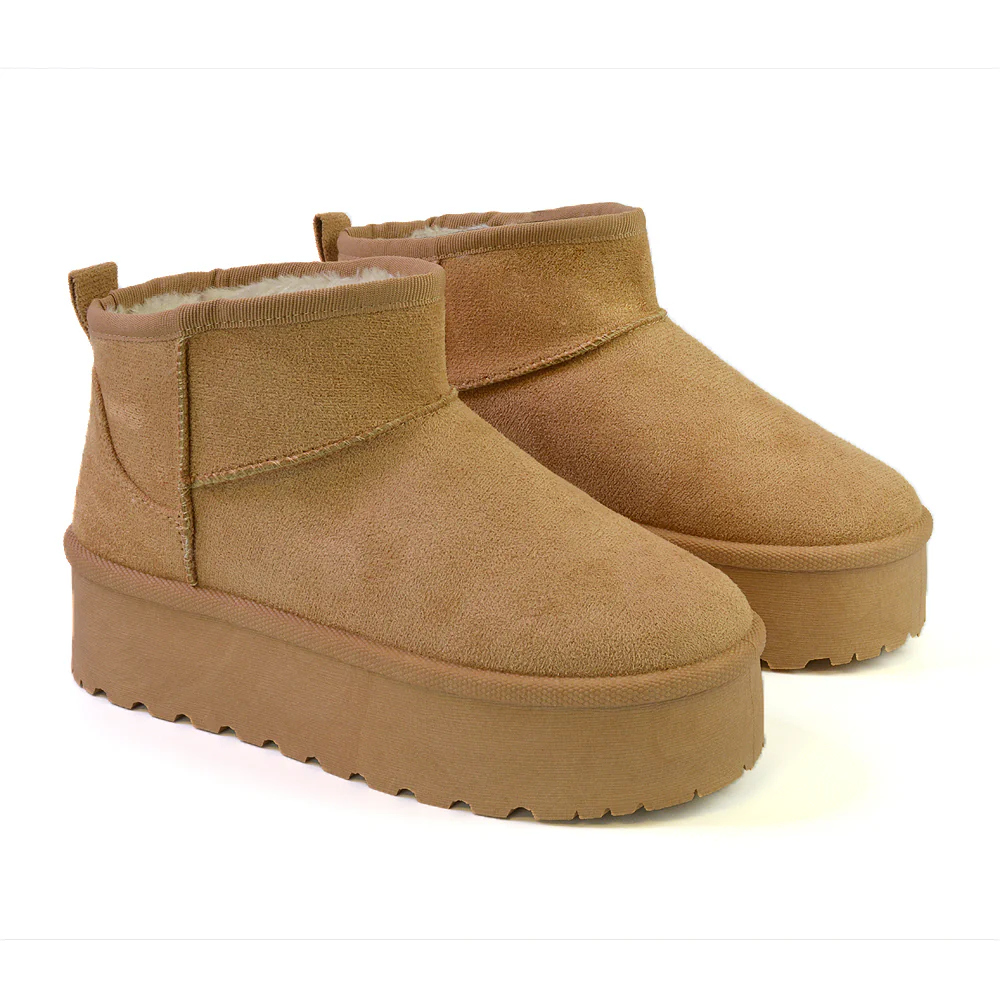 Selina Mini Micro Flatform Micro Faux Fur Ankle Boots in Stone - Image 29